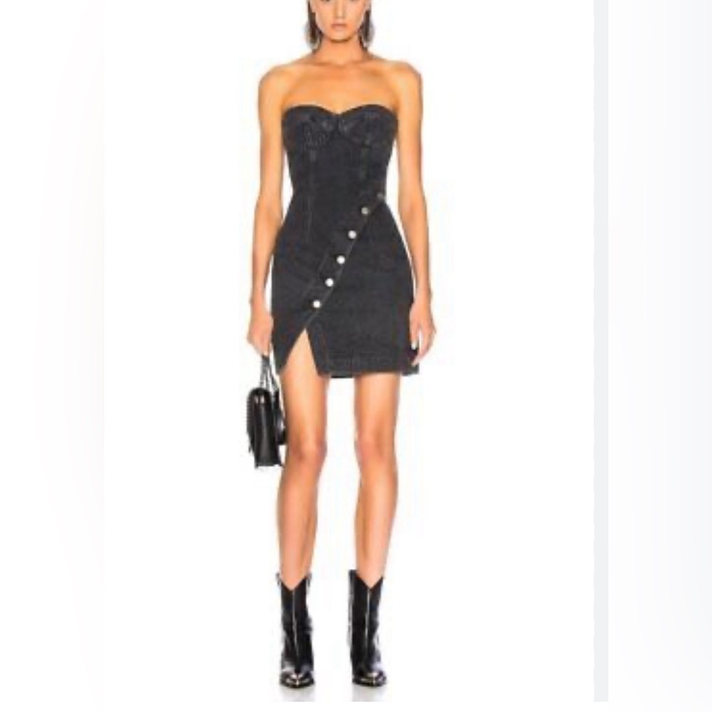 Jean Atelier black cross button luxury dress size 0 or xs distressed denim onyx